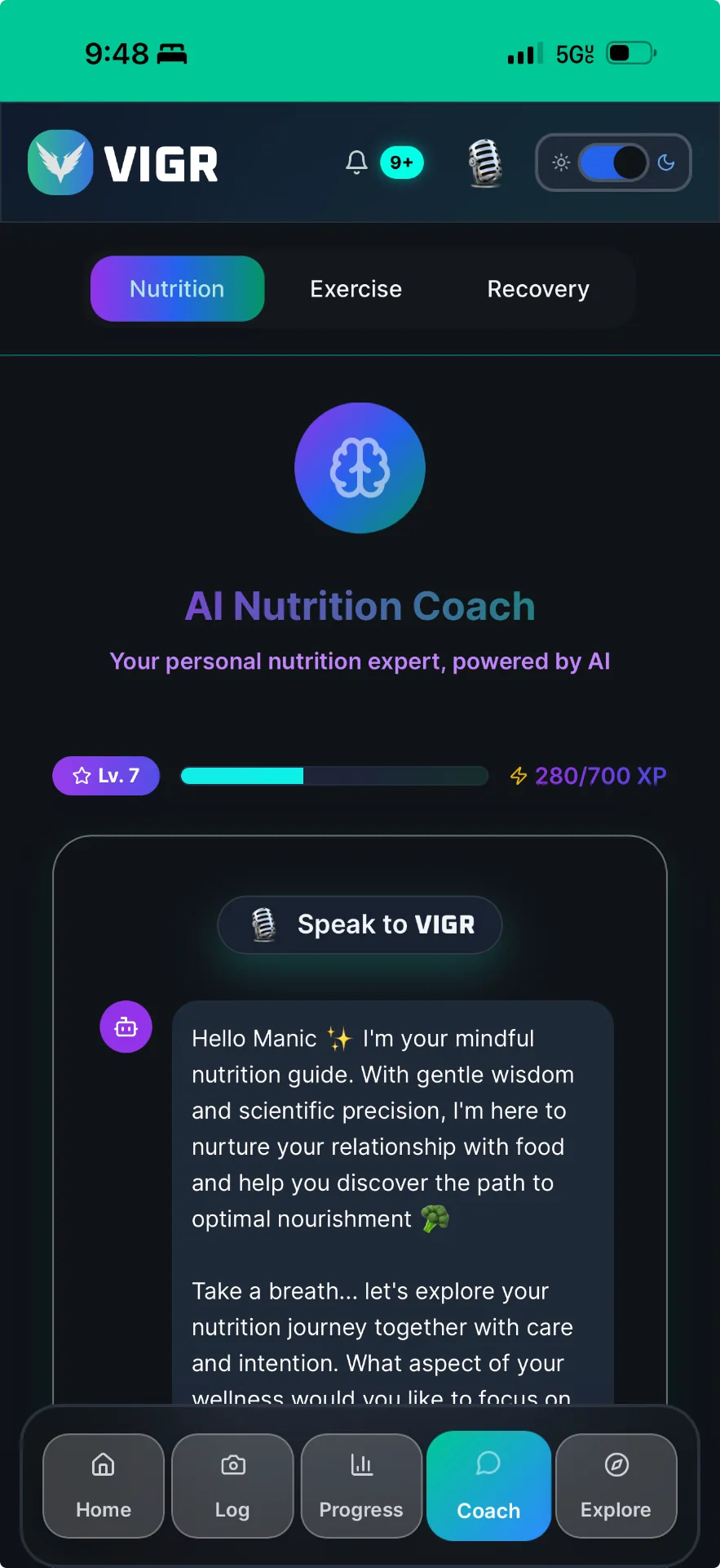 VIGR coach reading nutrition, exercise and recovery together